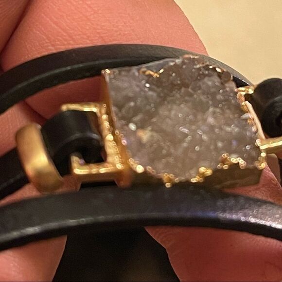 Boho stacked leather magnetic smoky druzy quartz mixed media bracelet nwt - Picture 7 of 15